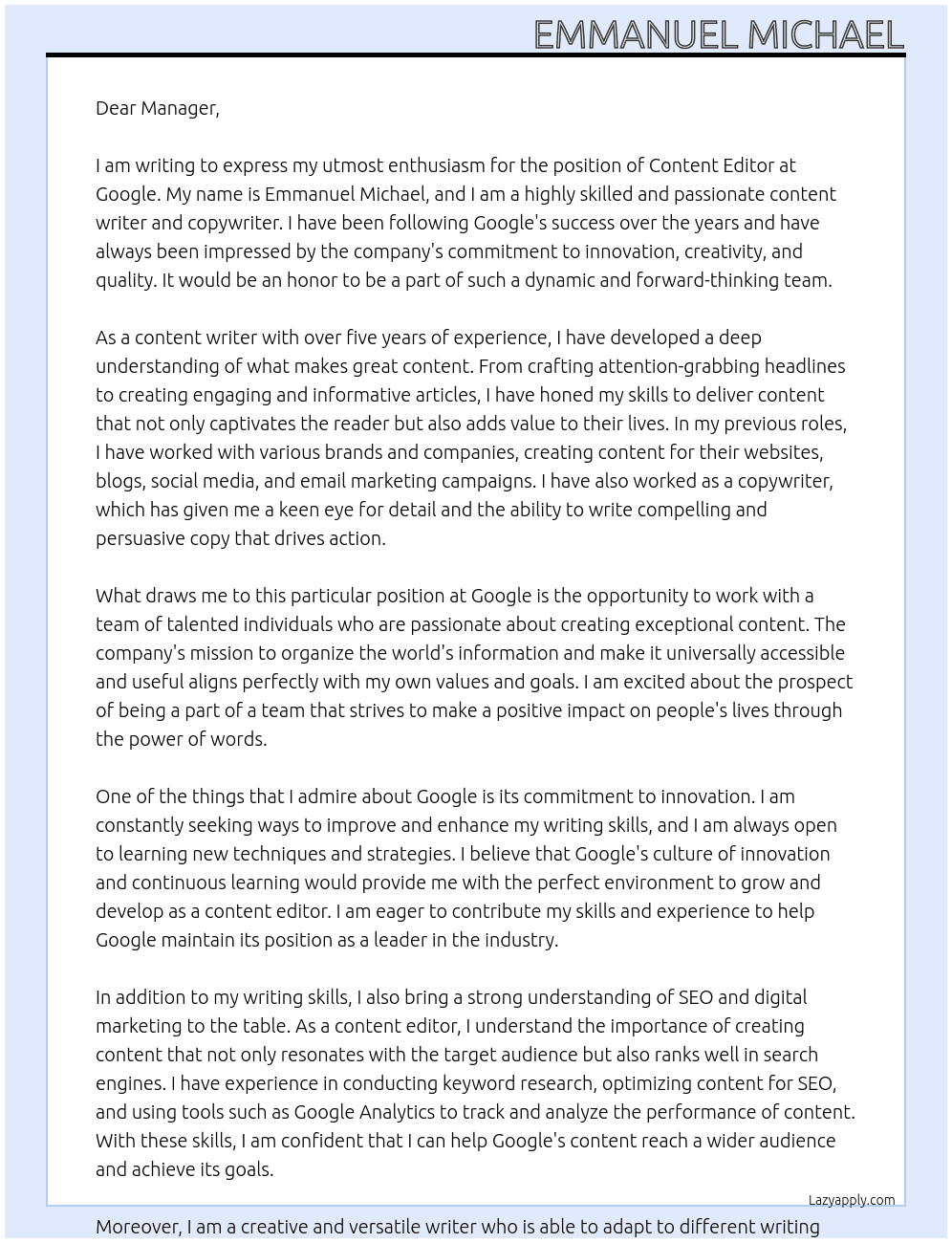 Content editor At Google Cover Letter