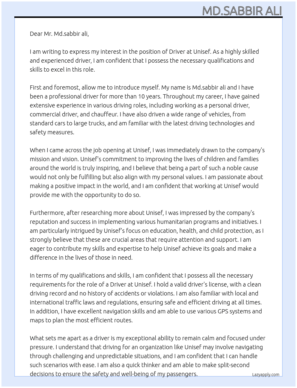 Driver At Unisef Cover Letter