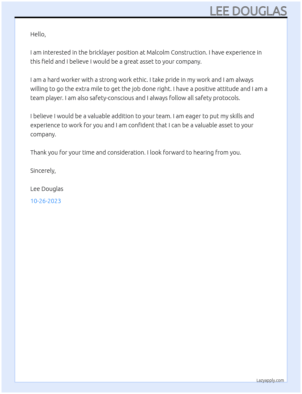 bricklayer At malcolm construction Cover Letter