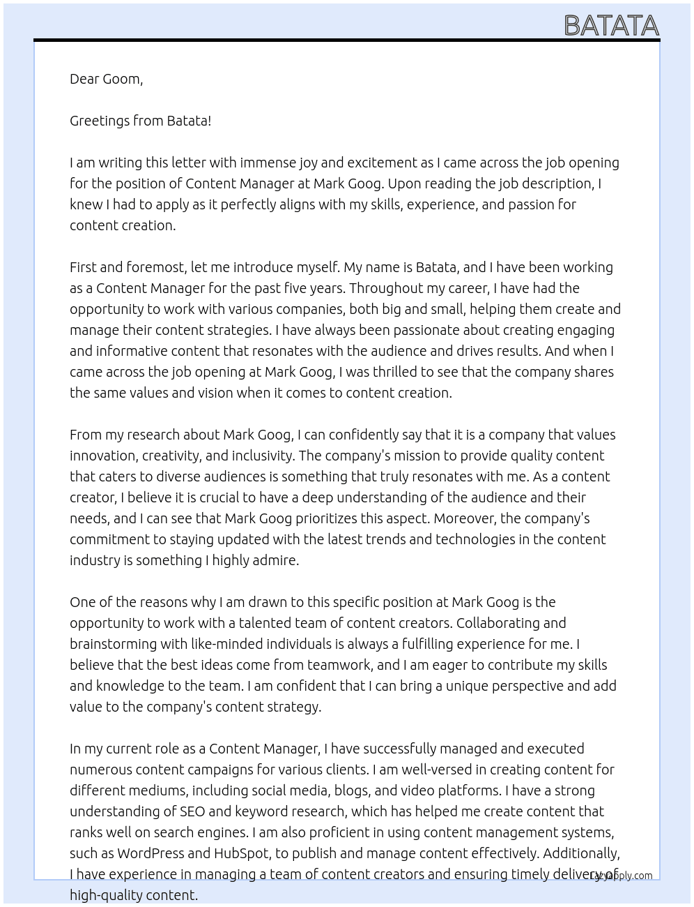 Content Manager At Mark Goog Cover Letter