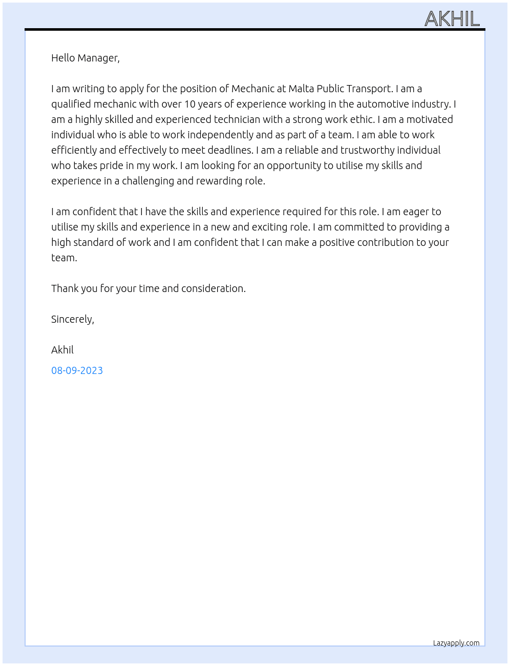 Mechanic  At Malta Public transport  Cover Letter