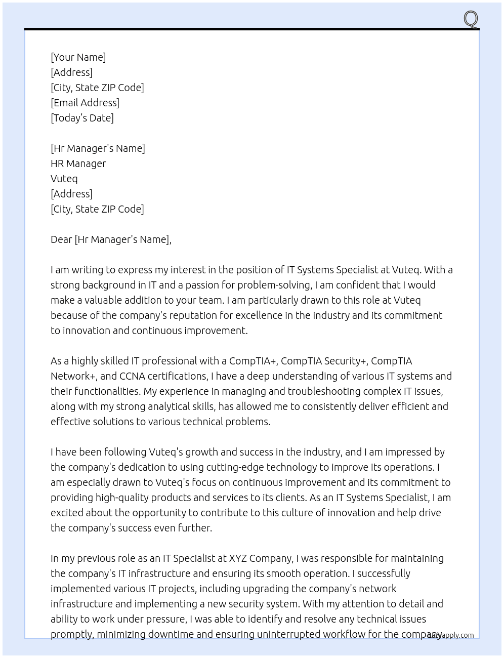 It systems specialist At Vuteq Cover Letter