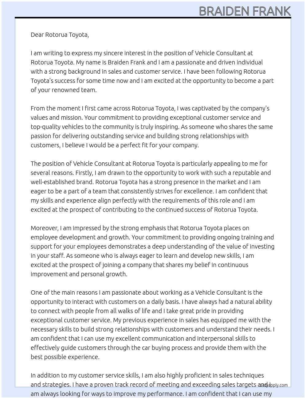 Vehicle Consultant  At Rotorua Toyota Cover Letter