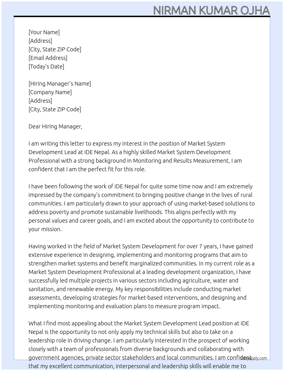 Market System Development Lead At iDE Nepal Cover Letter
