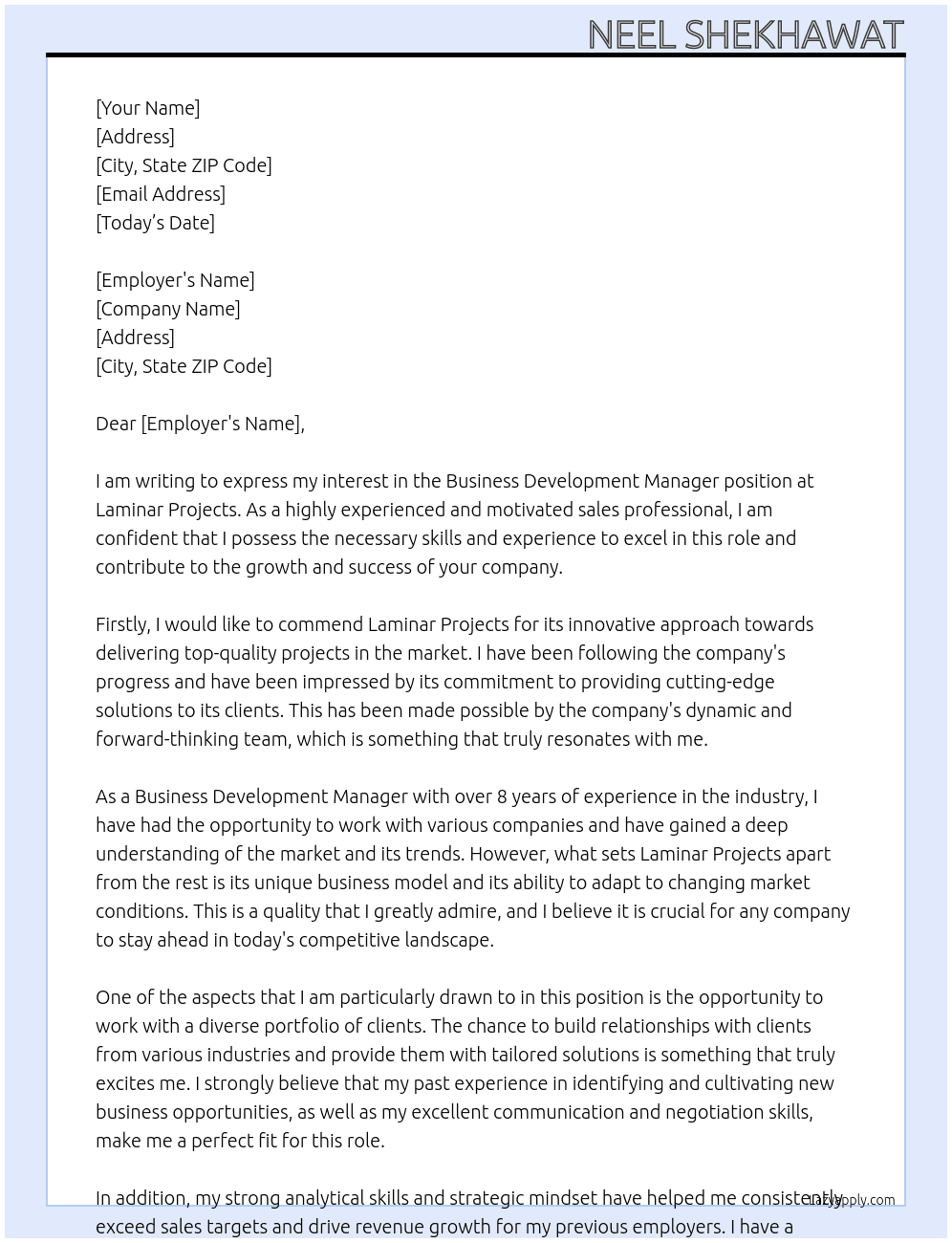 Business Development Manager At Laminar Projects Cover Letter
