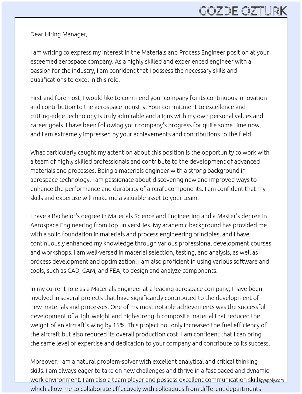 Materials and Process Engineer At field of aerospace industry Cover Letter