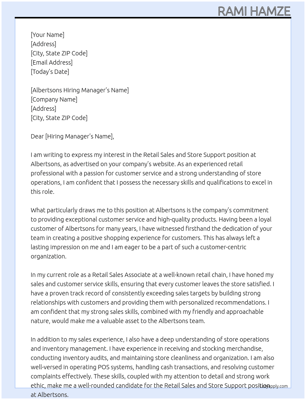 Retail Sales and Store Support At Albertsons Cover Letter