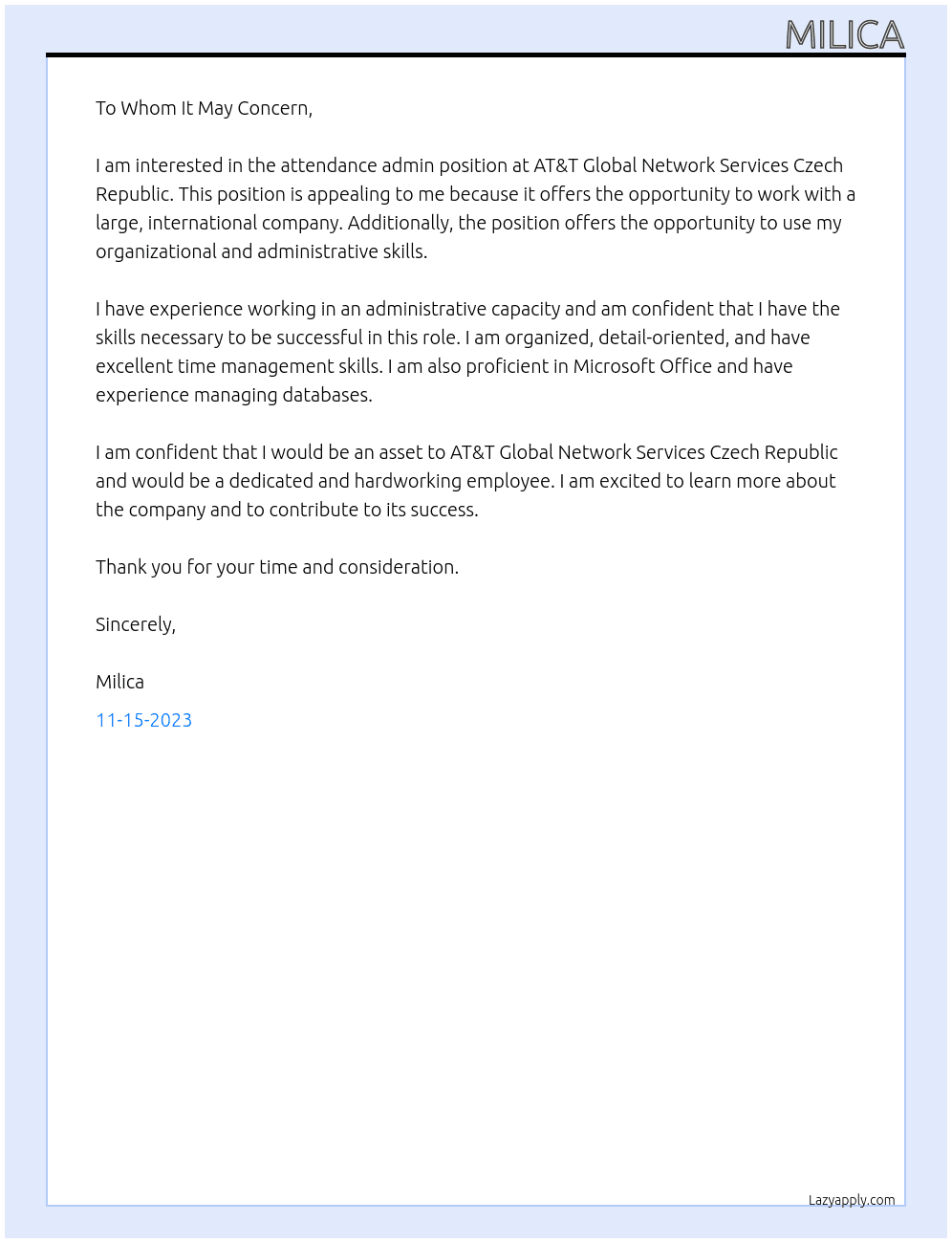 attendance admin At AT&T Global Network Services Czech Republic Cover Letter