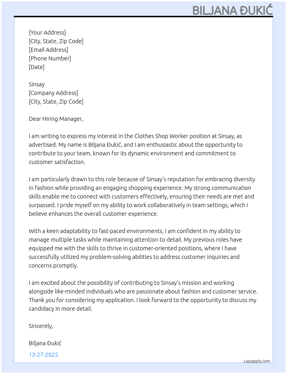 Clothes shop worker At Sinsay Cover Letter