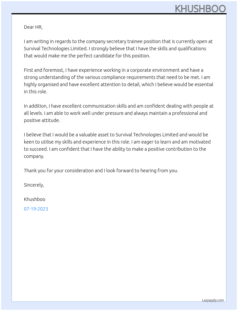 company secretary trainee At survival technologies limited Cover Letter