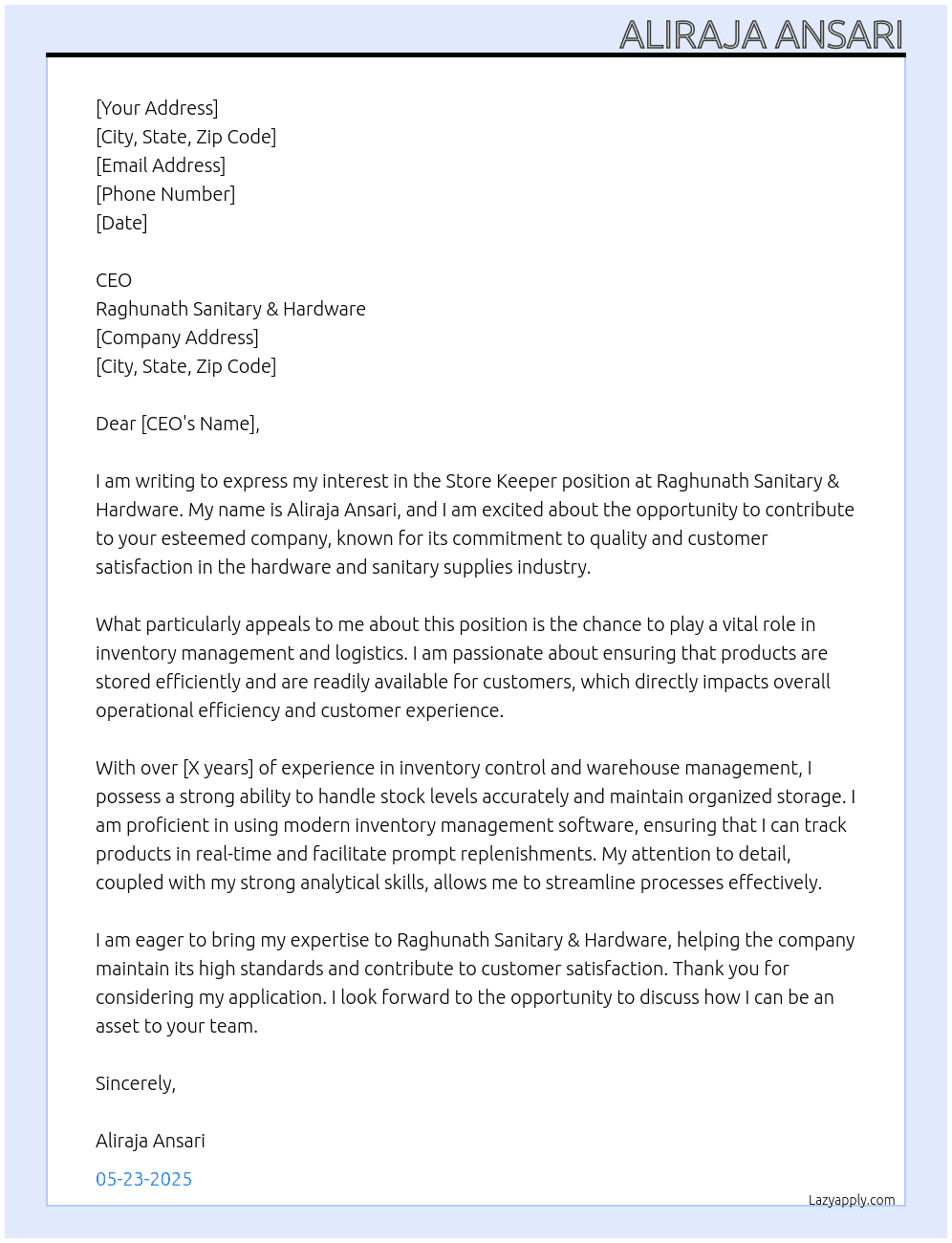 Raghunath Sanitary & Hardware in Store keeper At Store Keeper Cover Letter