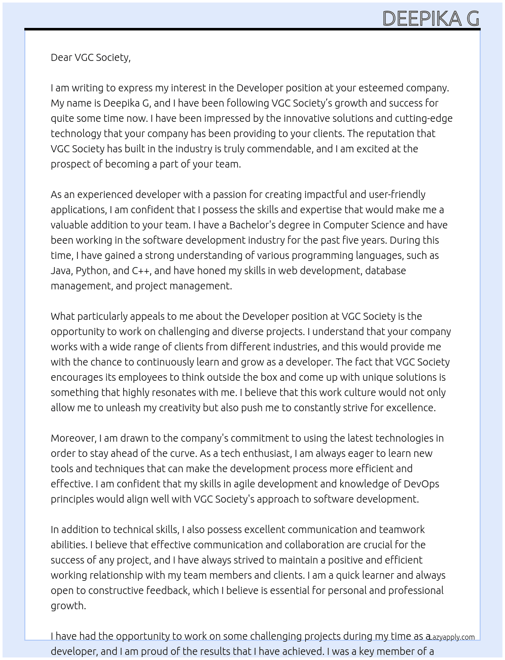 Developer At VGC Society Cover Letter