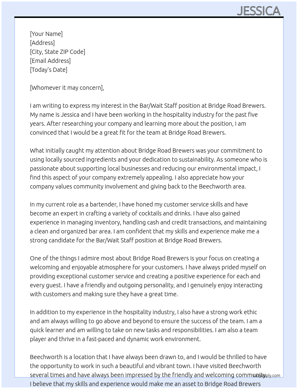Bar / Wait Staff At Bridge Raod Brewers Cover Letter