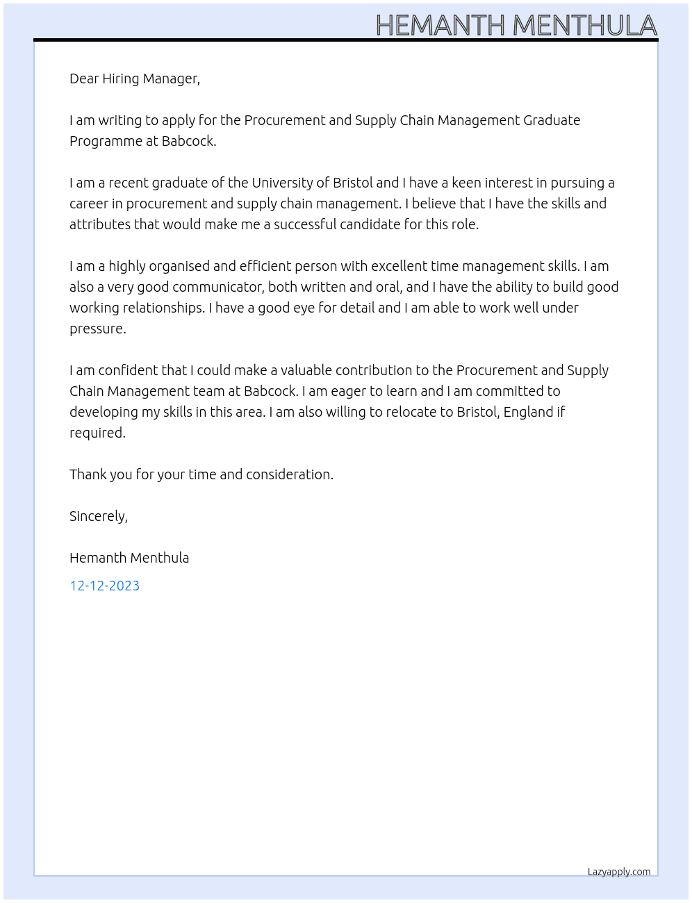 Procurement and Supply Chain Management Graduate Programme At Babcock Cover Letter