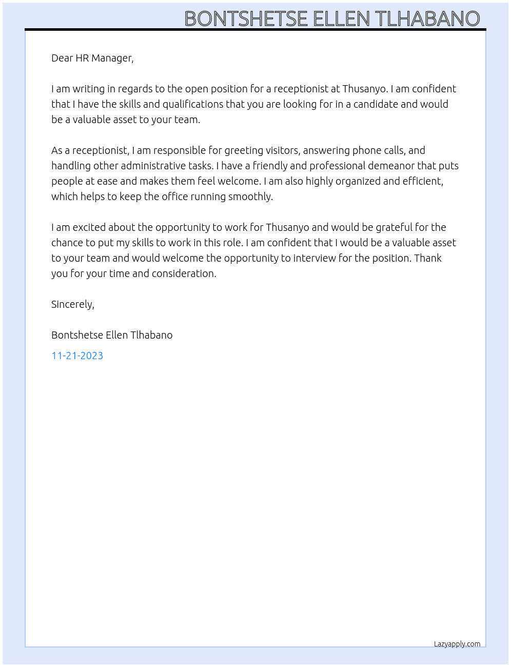 Receptionist  At Thusanyo Cover Letter