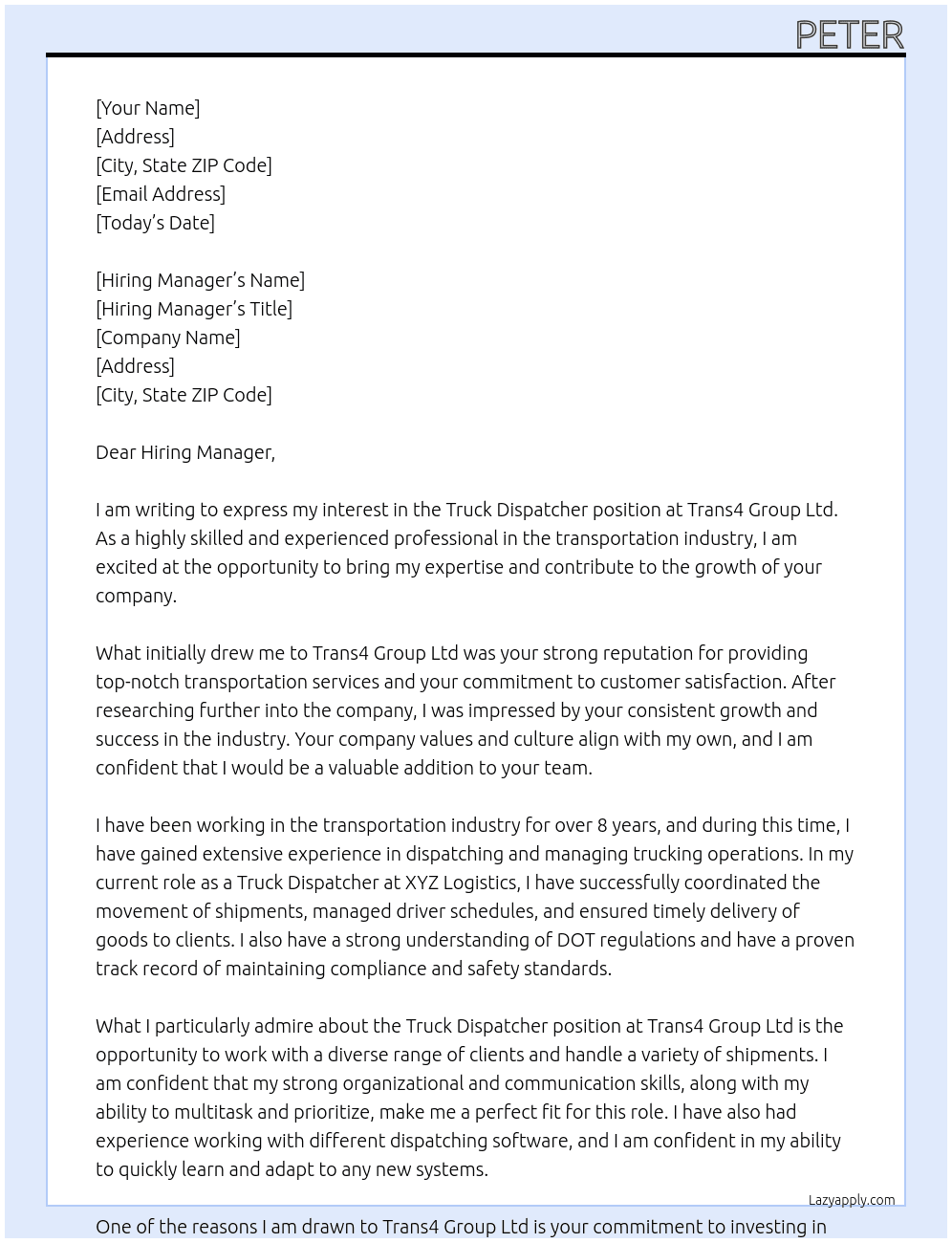 Truck dispatcher  At Trans4 Group Ltd Cover Letter