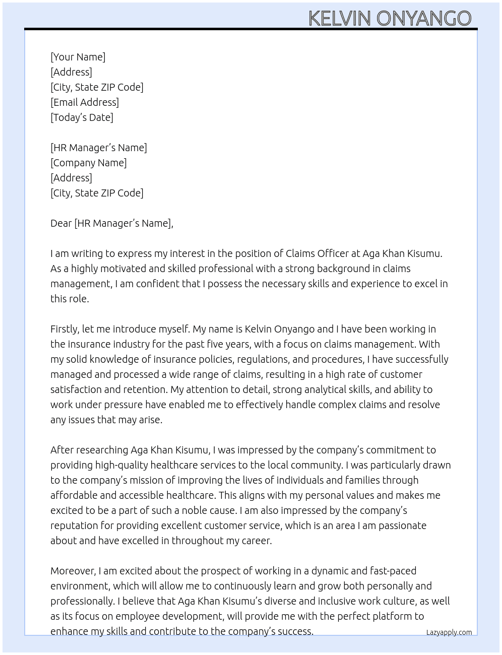 Claims officer  At Aga Khan Kisumu  Cover Letter