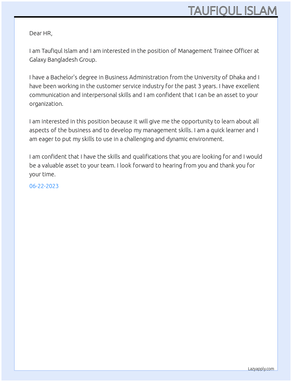 Management Trainee Officer At Galaxy Bangldesh Group Cover Letter
