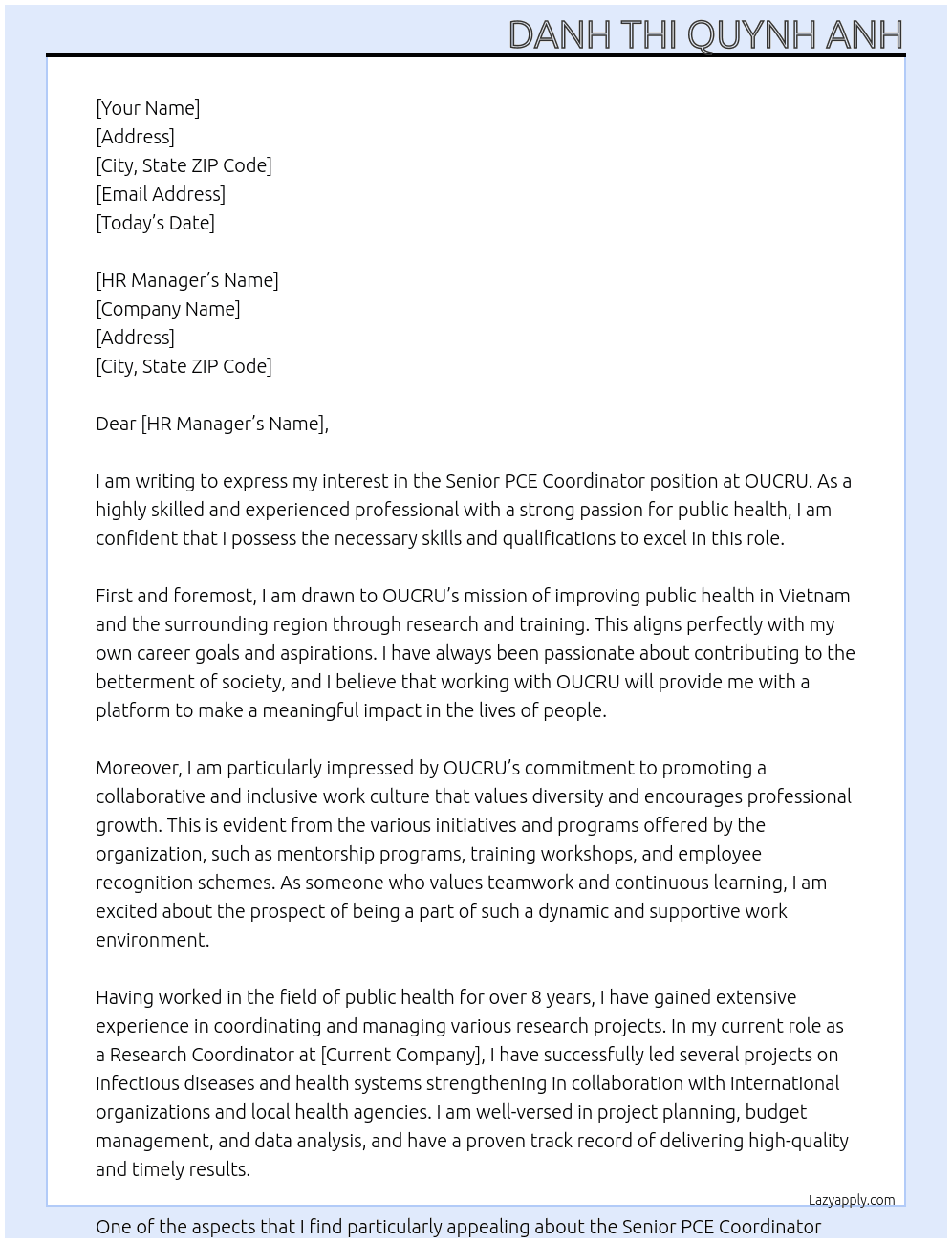 	 Senior PCE Coordinator At OUCRU Cover Letter