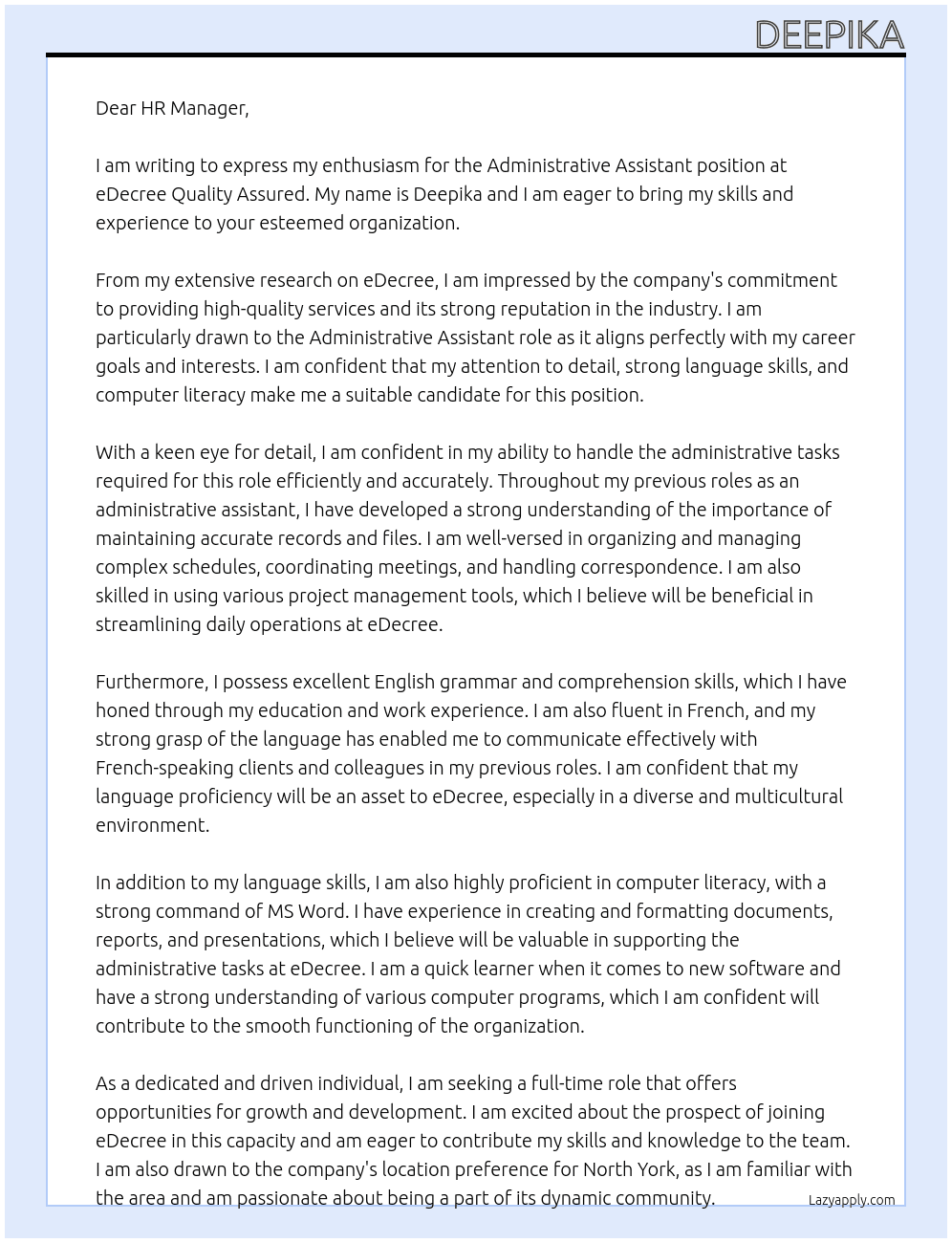 administrative assistant At eDecree quality Assured Cover Letter