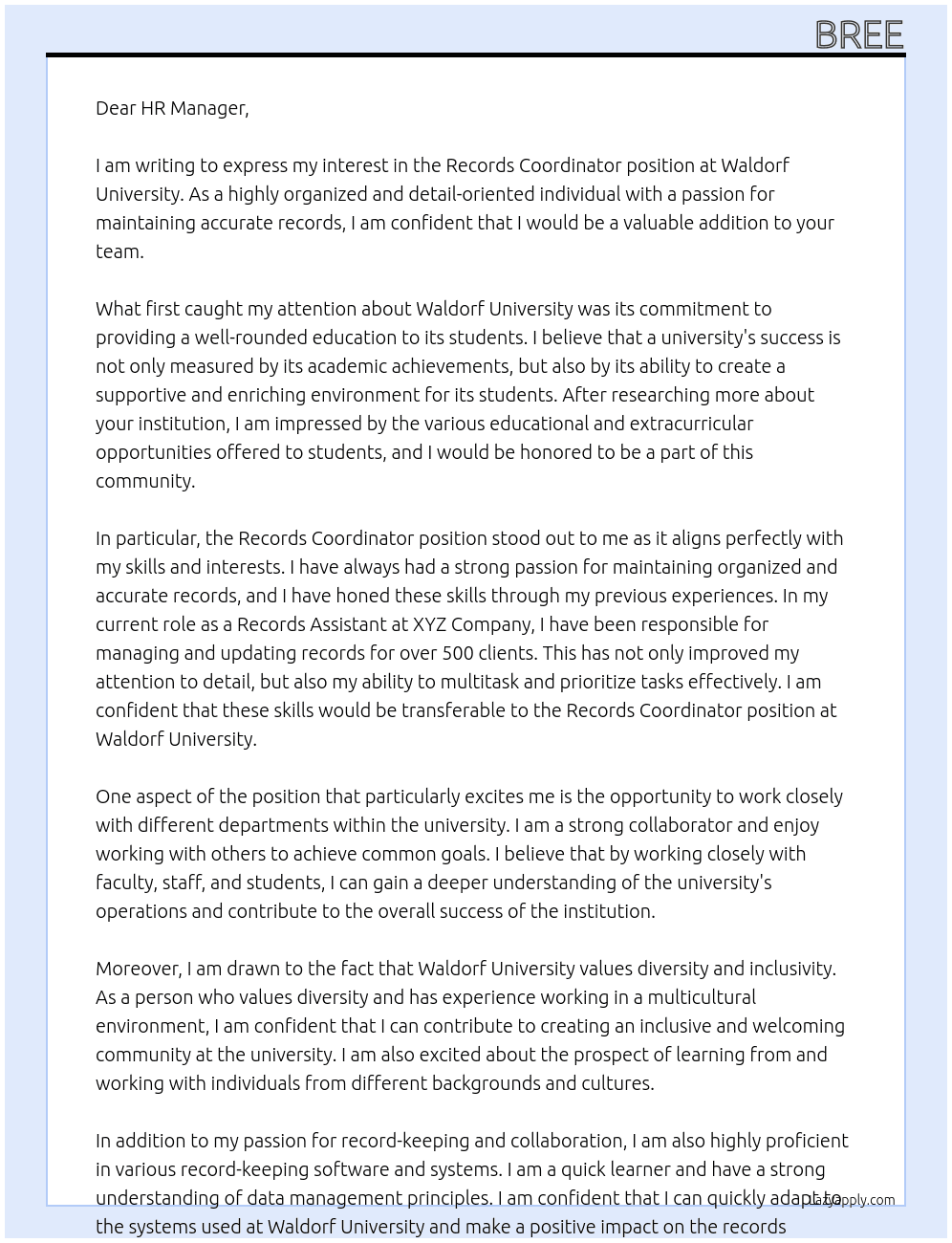 Records Coordinator  At Waldorf University Cover Letter