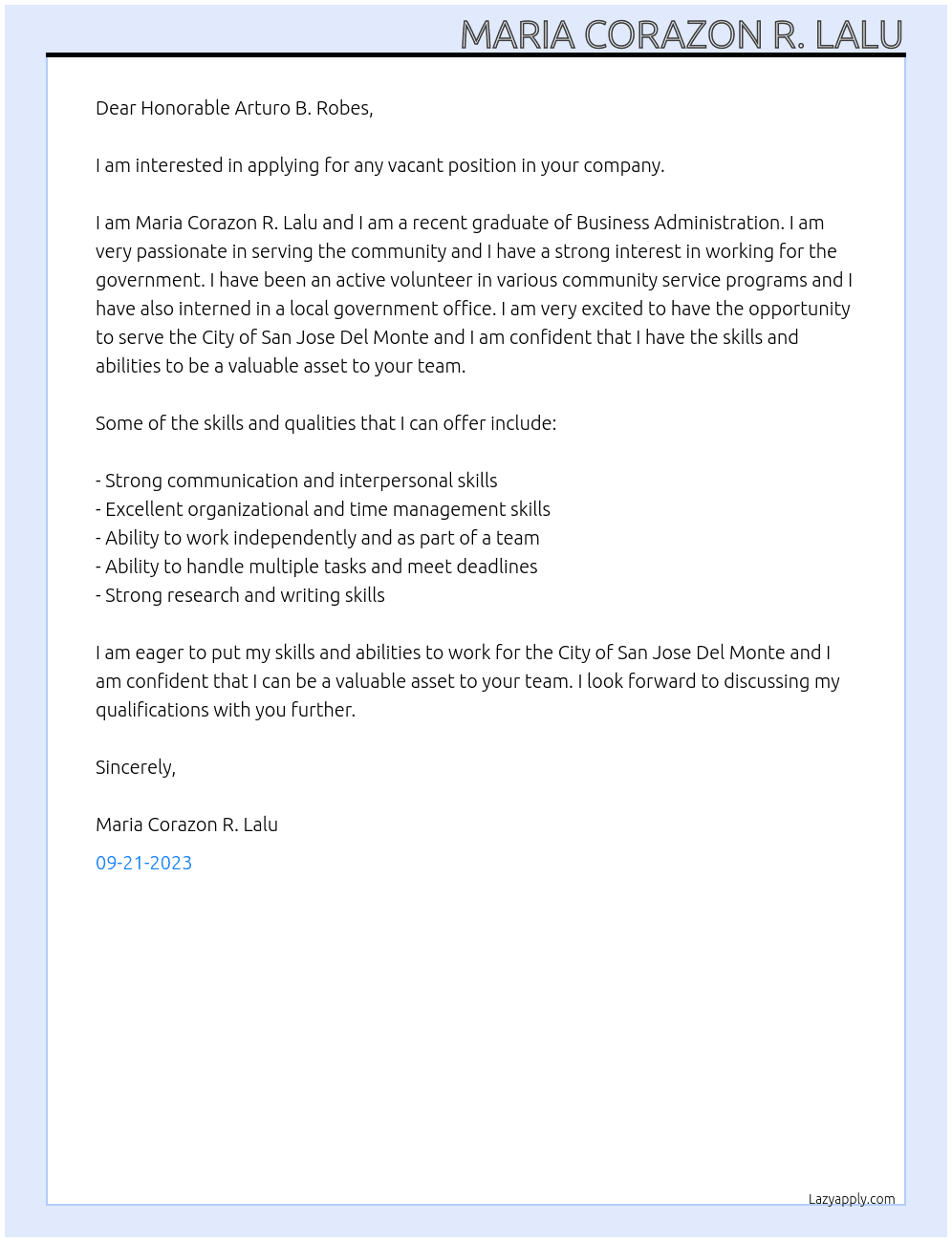 any vacant position At City of San Jose Del Monte Cover Letter