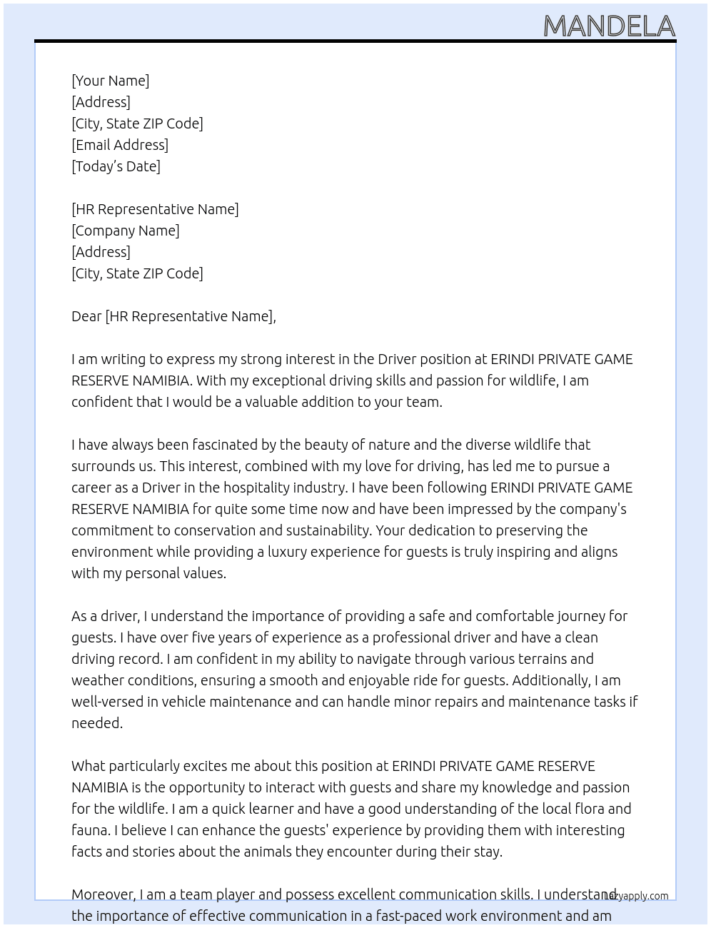 Driver At ERINDI PRIVATE GAME RESERVE NAMIBIA Cover Letter