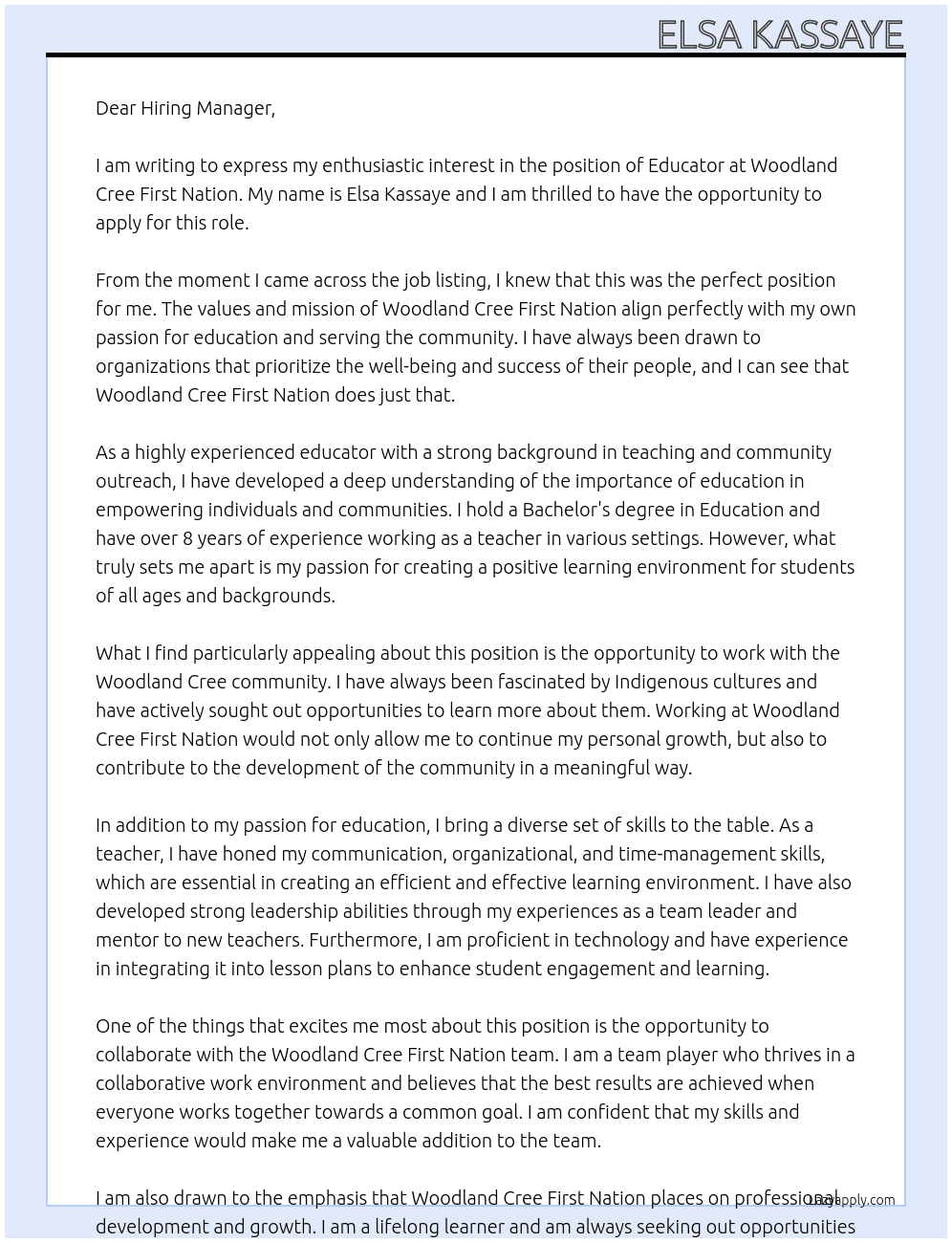 Educator  At Woodland Cree First Nation Cover Letter