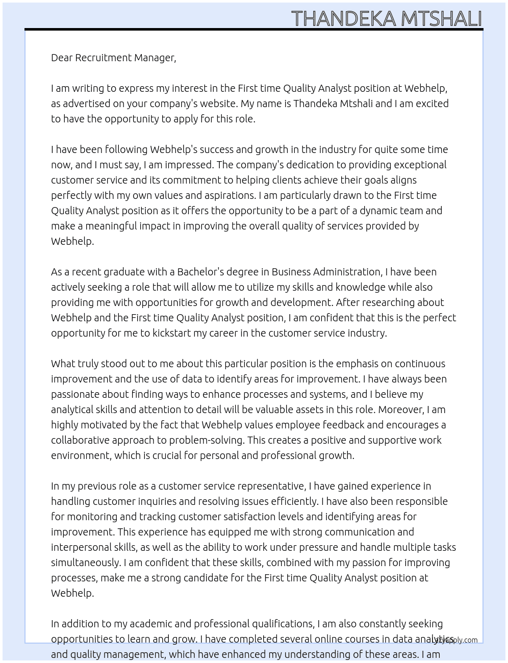 First time Quality Analyst At Webhelp  Cover Letter