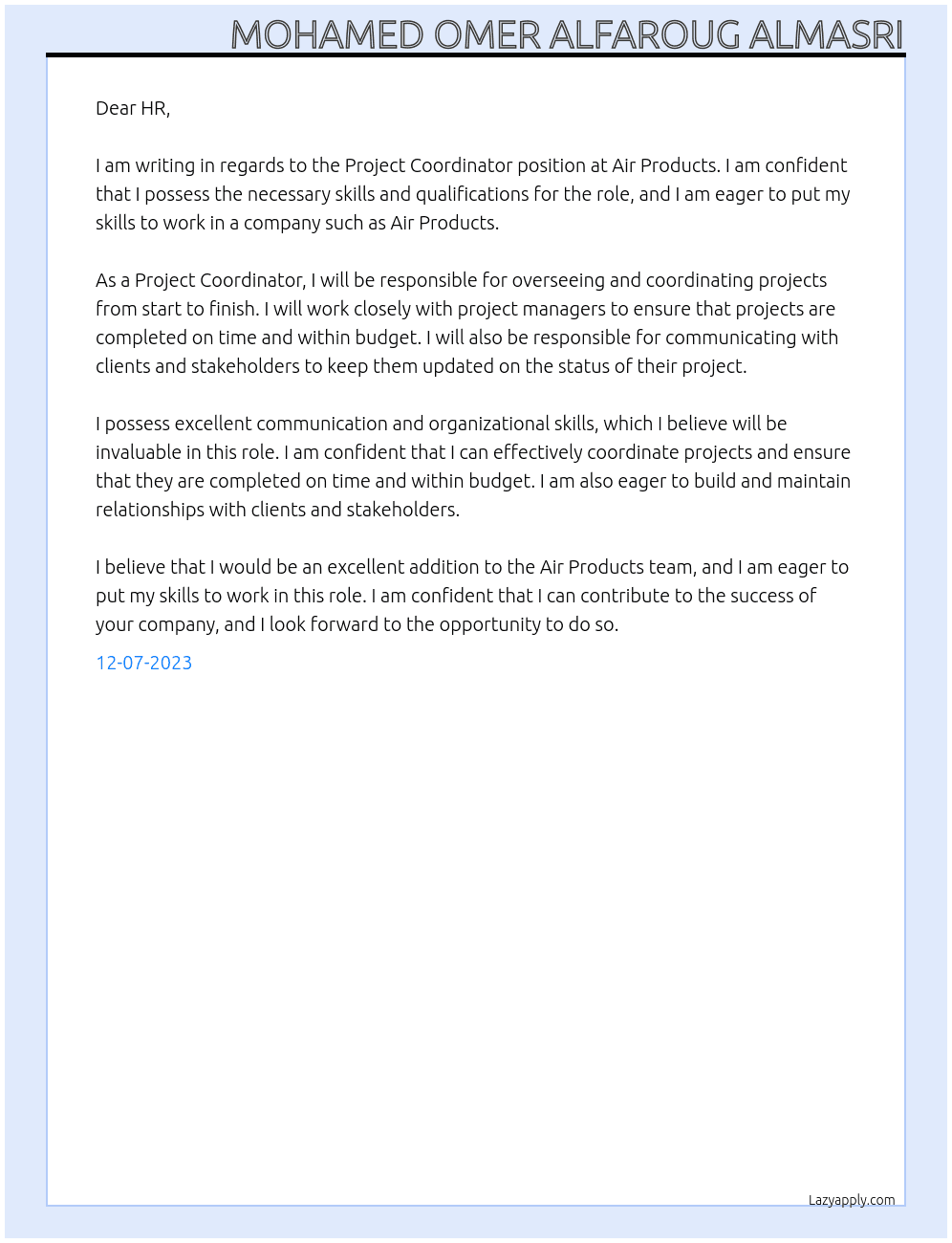 project coordinator At Air Products Cover Letter