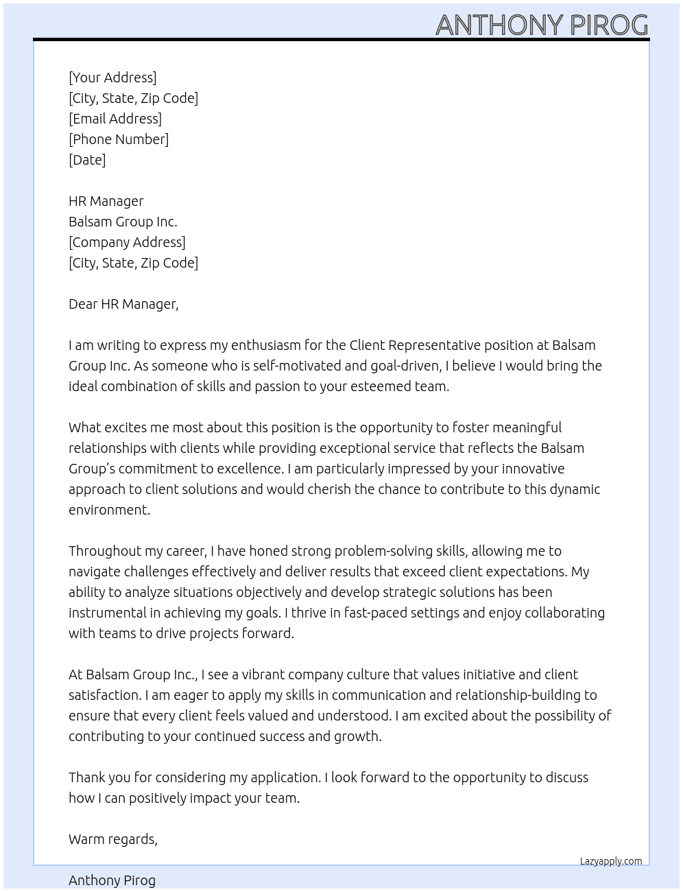 Client Representative At Balsam Group Inc. Cover Letter