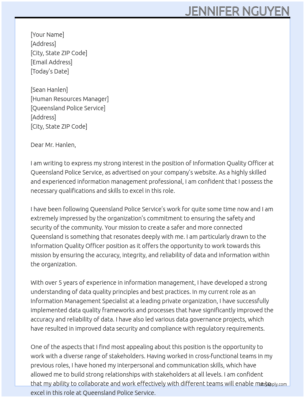 Information Quality Officer At Queensland Police Service Cover Letter