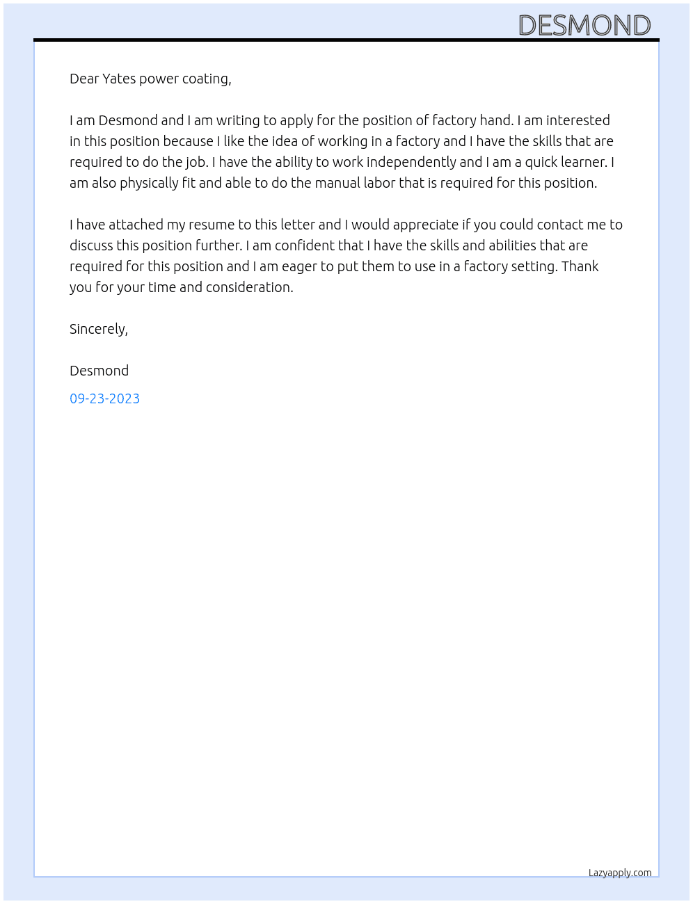 Factory hand At Yates power coating  Cover Letter