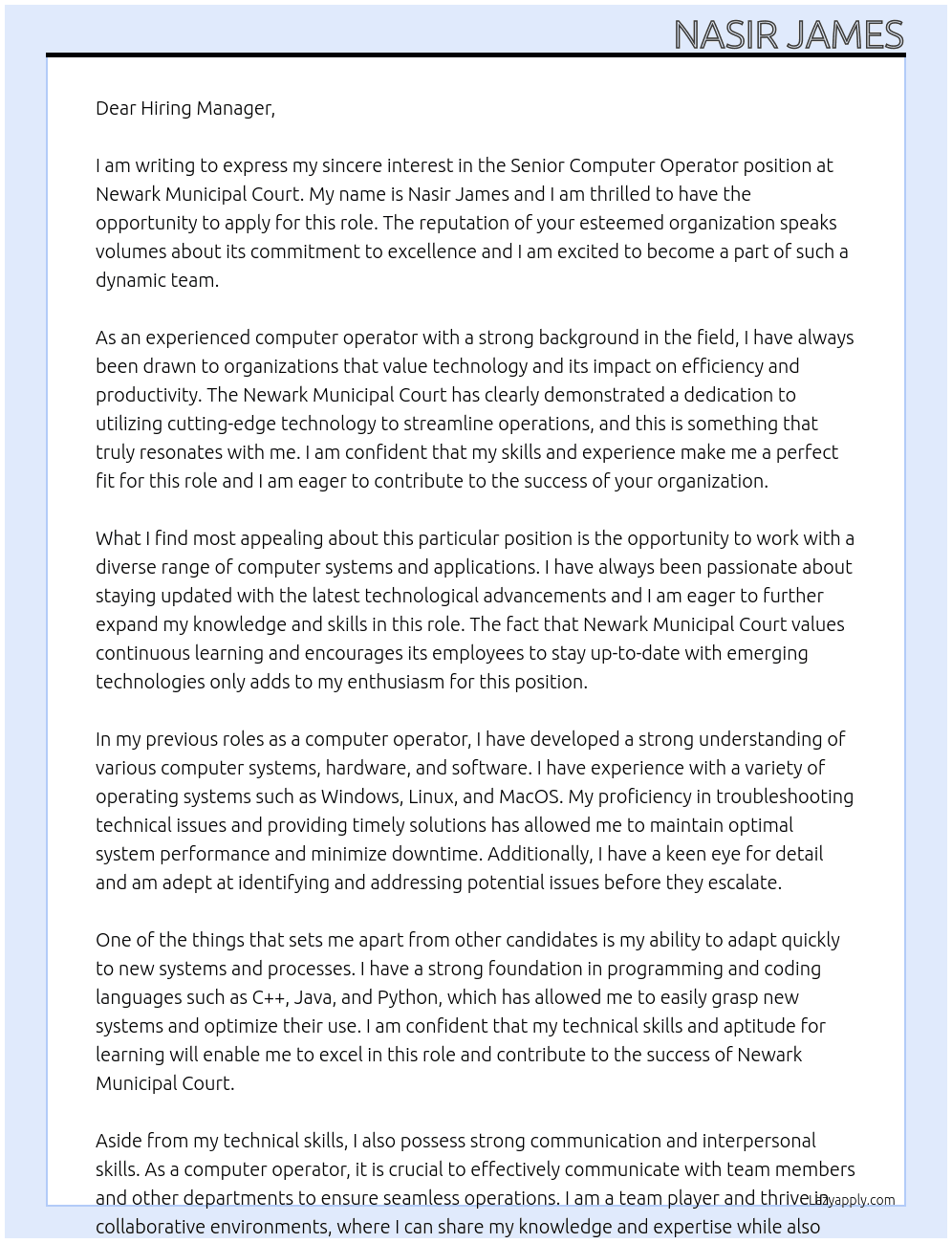 Cover letter for senior computer operator - LazyApply