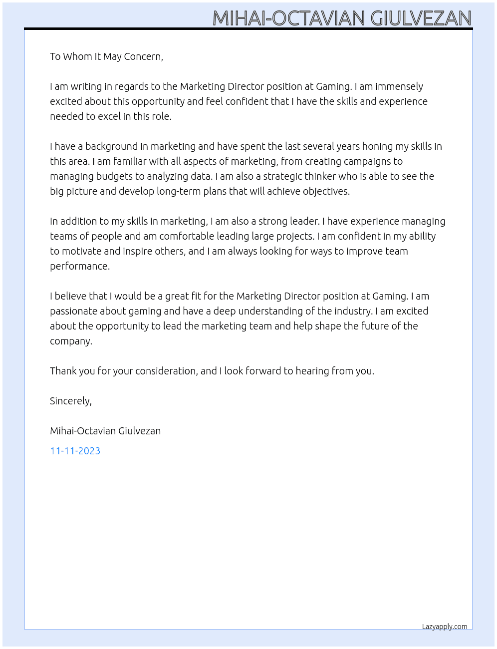 Marketing Director At Gaming Cover Letter