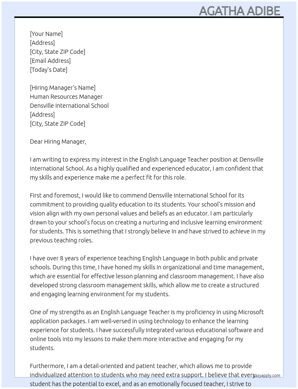 English Language Teacher  At Densville International School Cover Letter