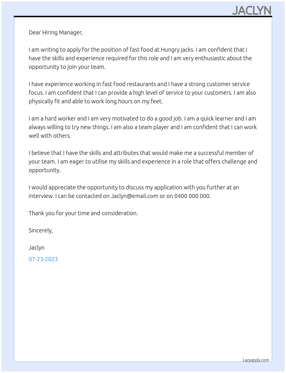 Fast food  At Hungry jacks Cover Letter