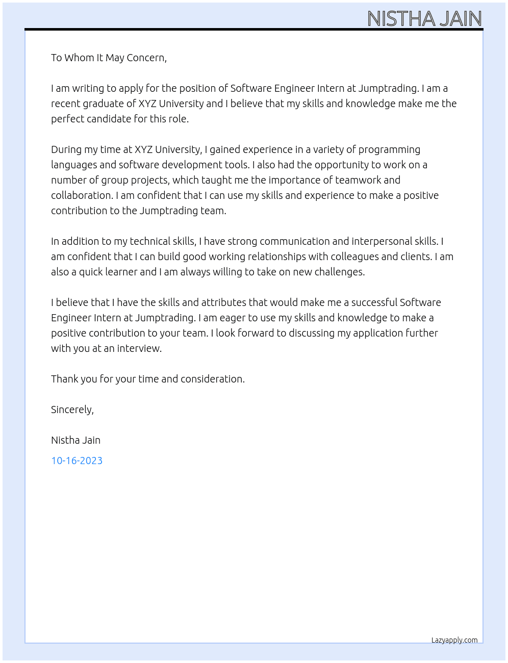 Software Engineer Internship At  Jumptrading  Cover Letter