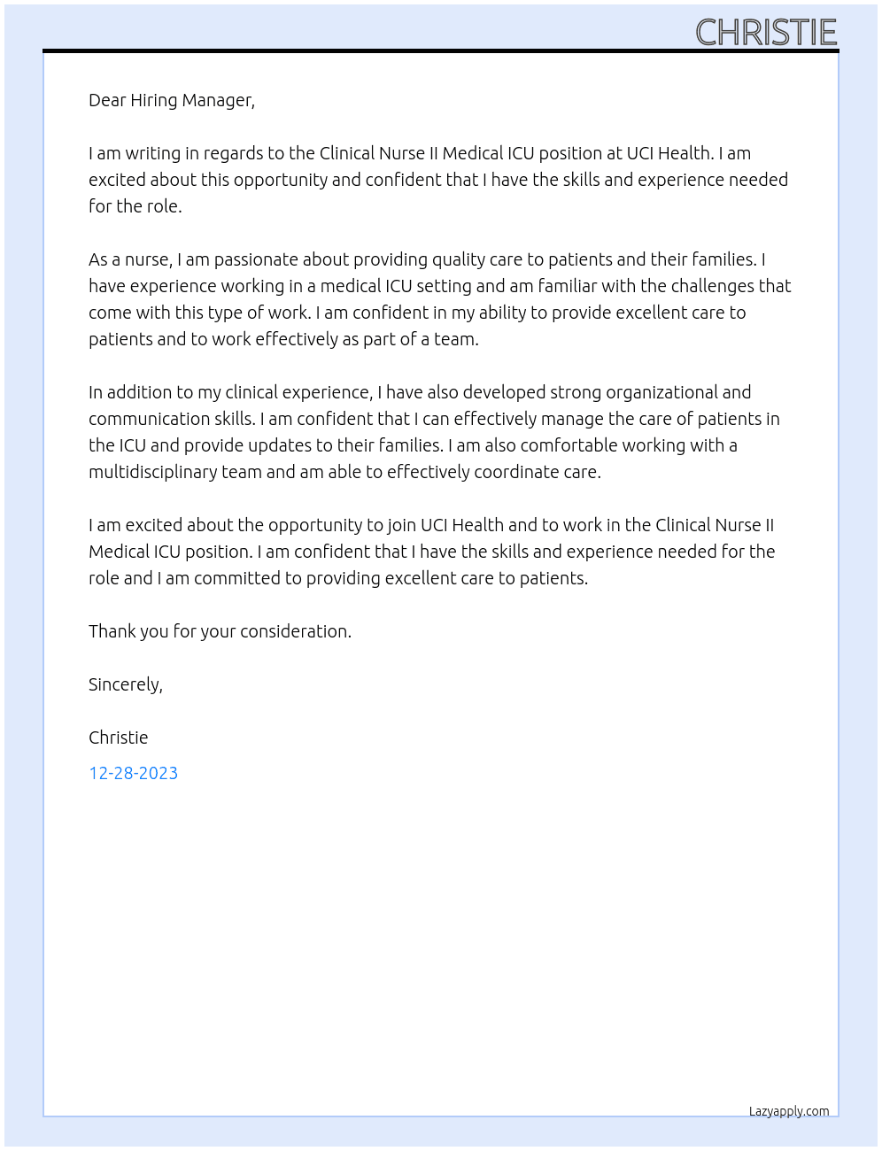 Clinical Nurse II Medical ICU At UCI Health Cover Letter