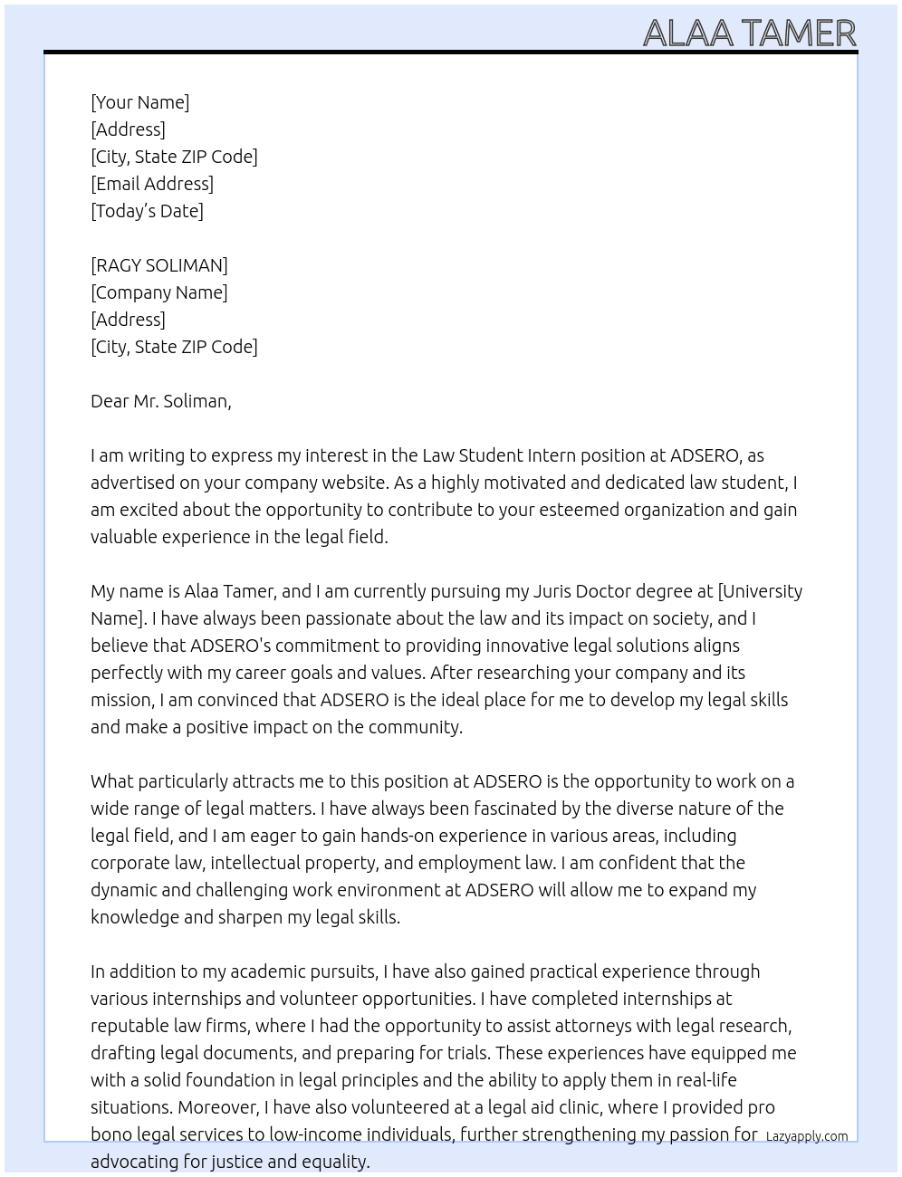 law student intern At ADSERO Cover Letter