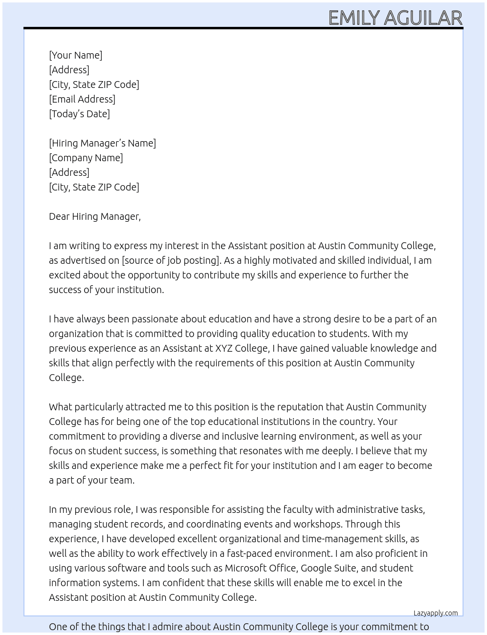 Assistant  At Austin Community College  Cover Letter