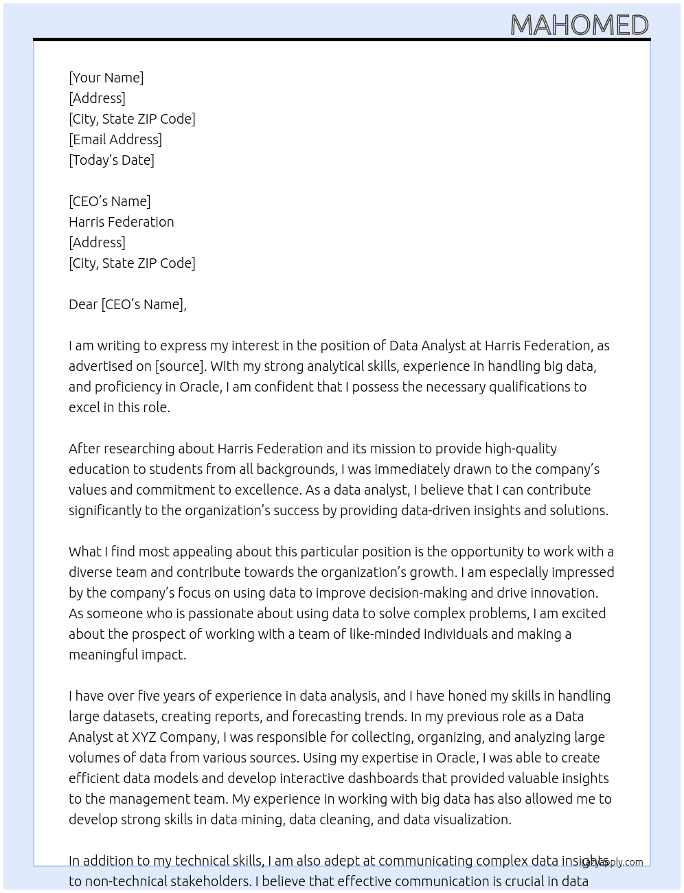 data analyst At  Harris Federation Cover Letter