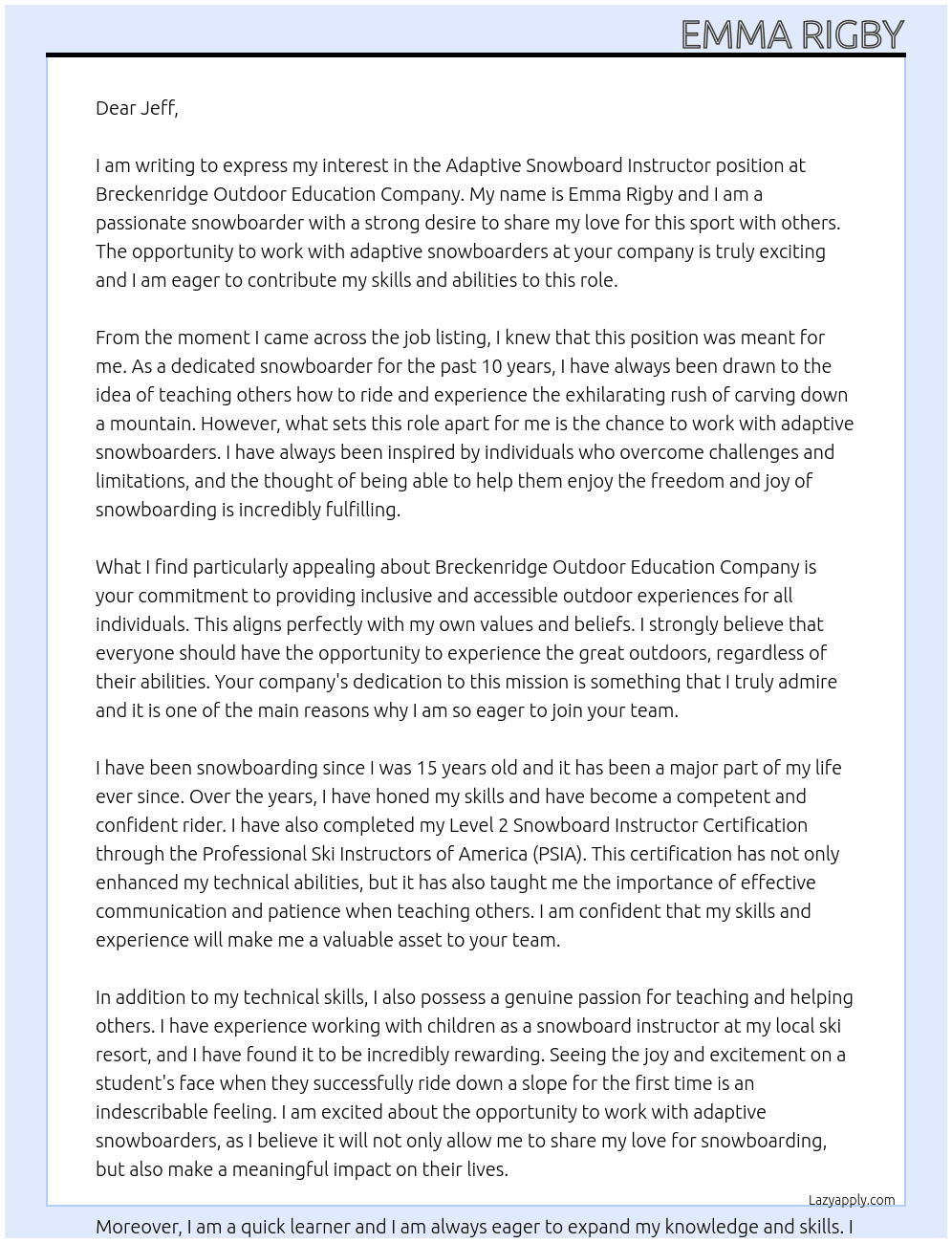 Adaptive Snowboard Instructor At Breckenridge Outdoor Education Company Cover Letter