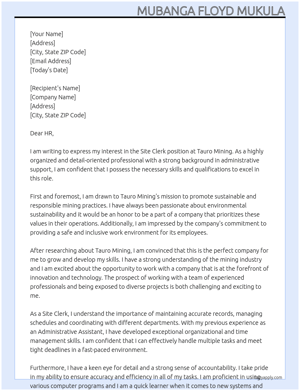 Site Clerk At Tauro Minining Cover Letter