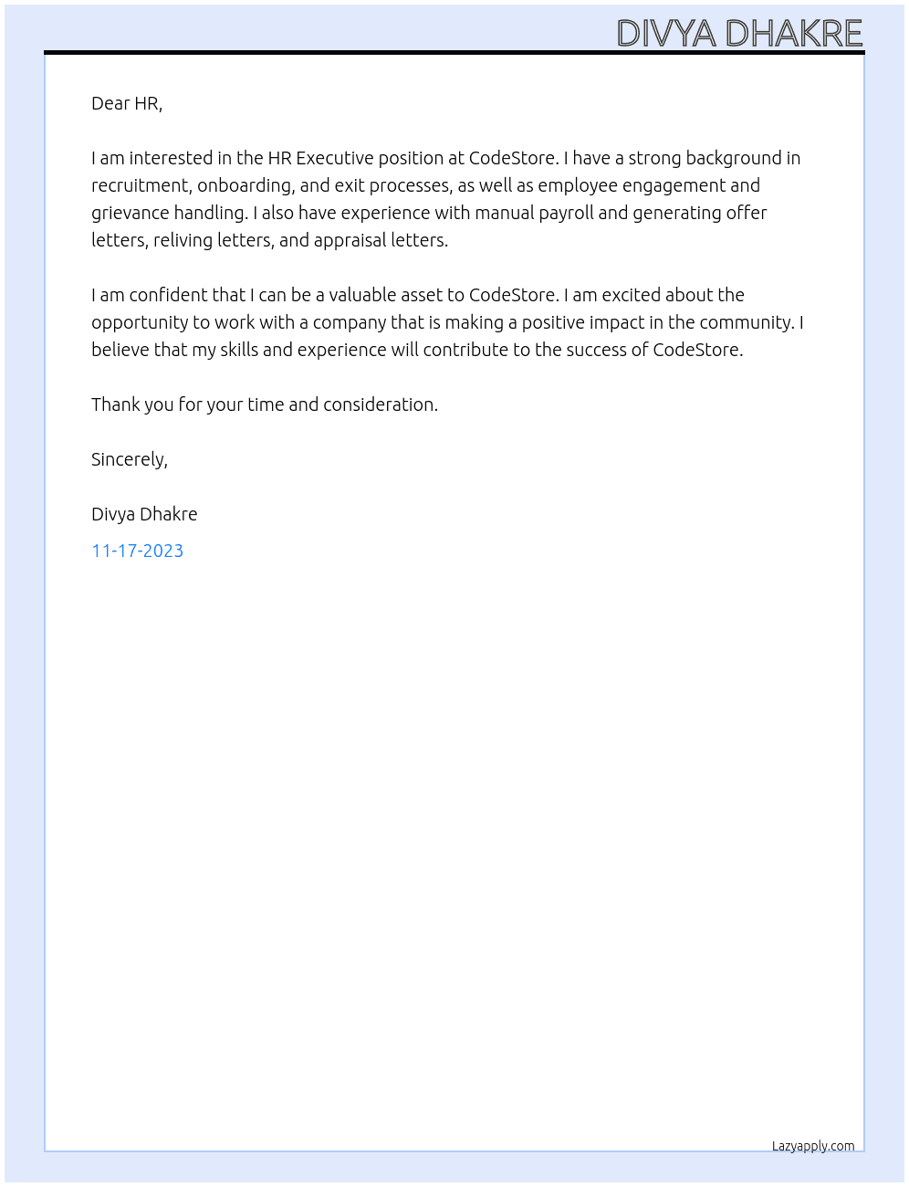 HR Executive At CodeStore Cover Letter
