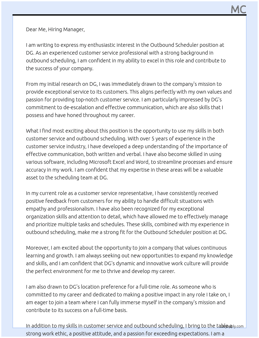 Outbound Scheduler At DG Cover Letter