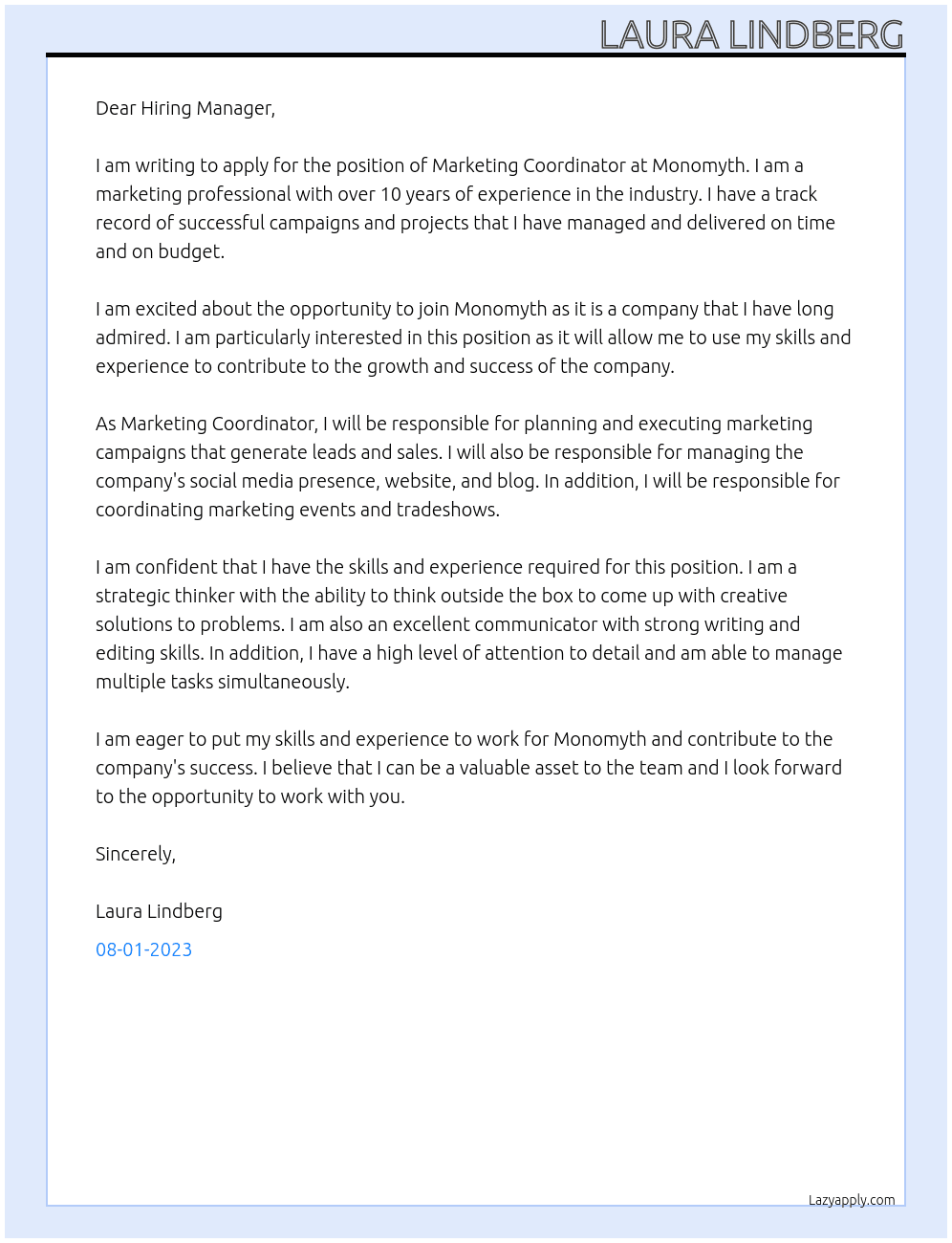 Marketing Coordinator At Monomyth Cover Letter
