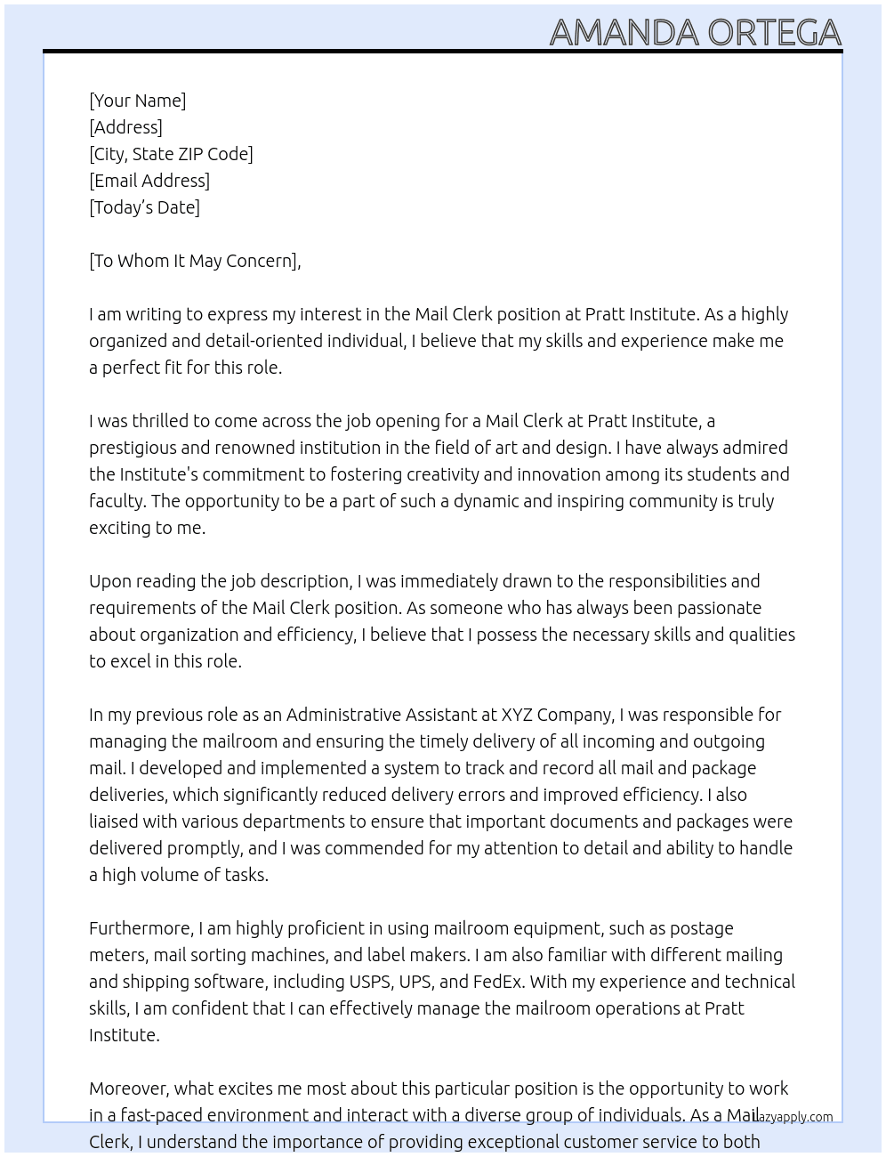 Mail Clerk At Pratt Institute Cover Letter
