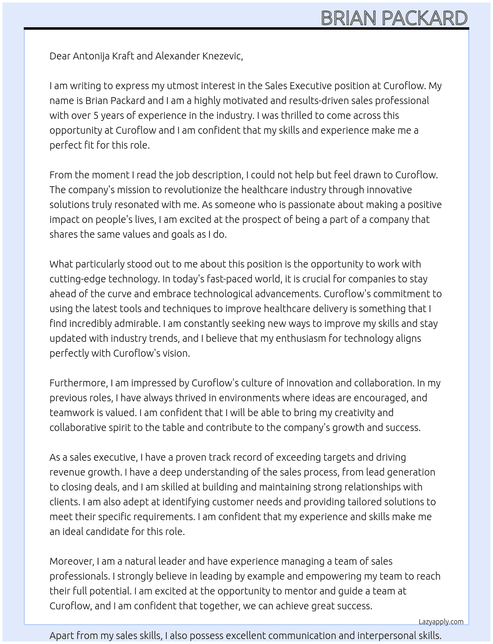Sales Executive At Curoflow Cover Letter