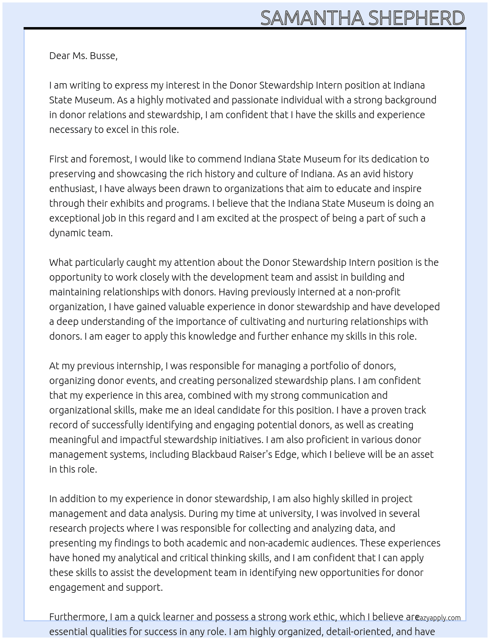 Donor Stewardship Intern At Indiana State Museum Cover Letter